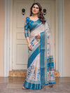 Teal Blue Handloom Cotton Printed Saree with Ethnic Panel Pallu, Woven Border & Tassels – Traditional Festive Wear