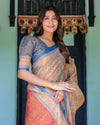 Rust & Blue Handloom Cotton Saree with Classical Dancer Motif and Patchwork Digital Print