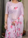 Blush Pink Satin Georgette Floral Printed Saree with Attached Blouse – Soft Cherry Blossom Designer Drape