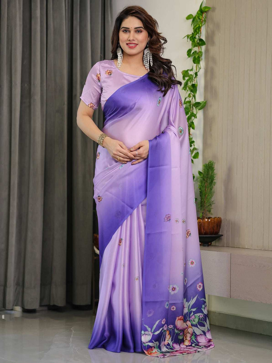Rust & Blue Handloom Cotton Saree with Classical Dancer Motif and Patchwork Digital Print