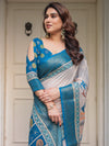 Teal Blue Handloom Cotton Printed Saree with Ethnic Panel Pallu, Woven Border & Tassels – Traditional Festive Wear