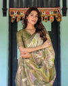 Olive Green & Ivory Handloom Cotton Saree with Lotus Blooms and Royal Elephant Motifs