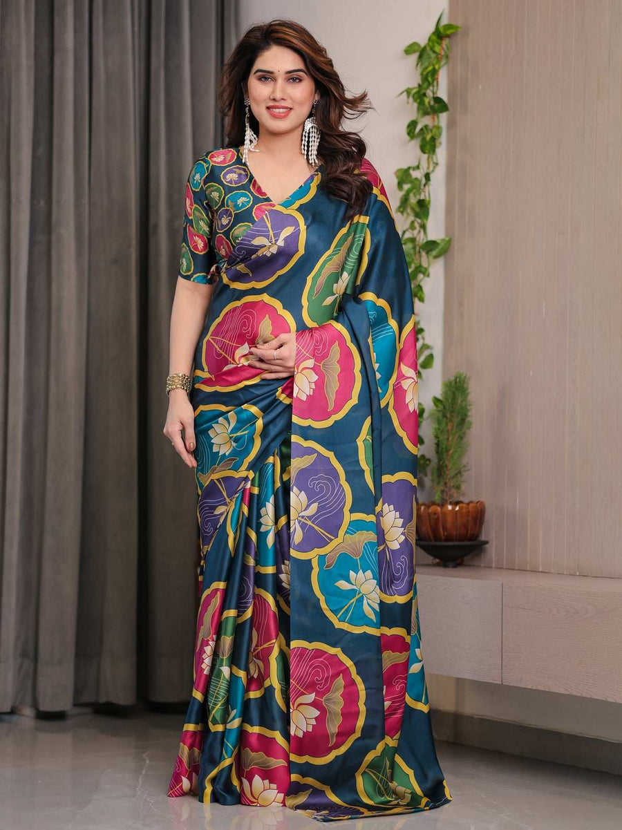 Aqua Green & Lilac Handloom Cotton Saree with Floral Vine Print & Majestic Bird Pallu