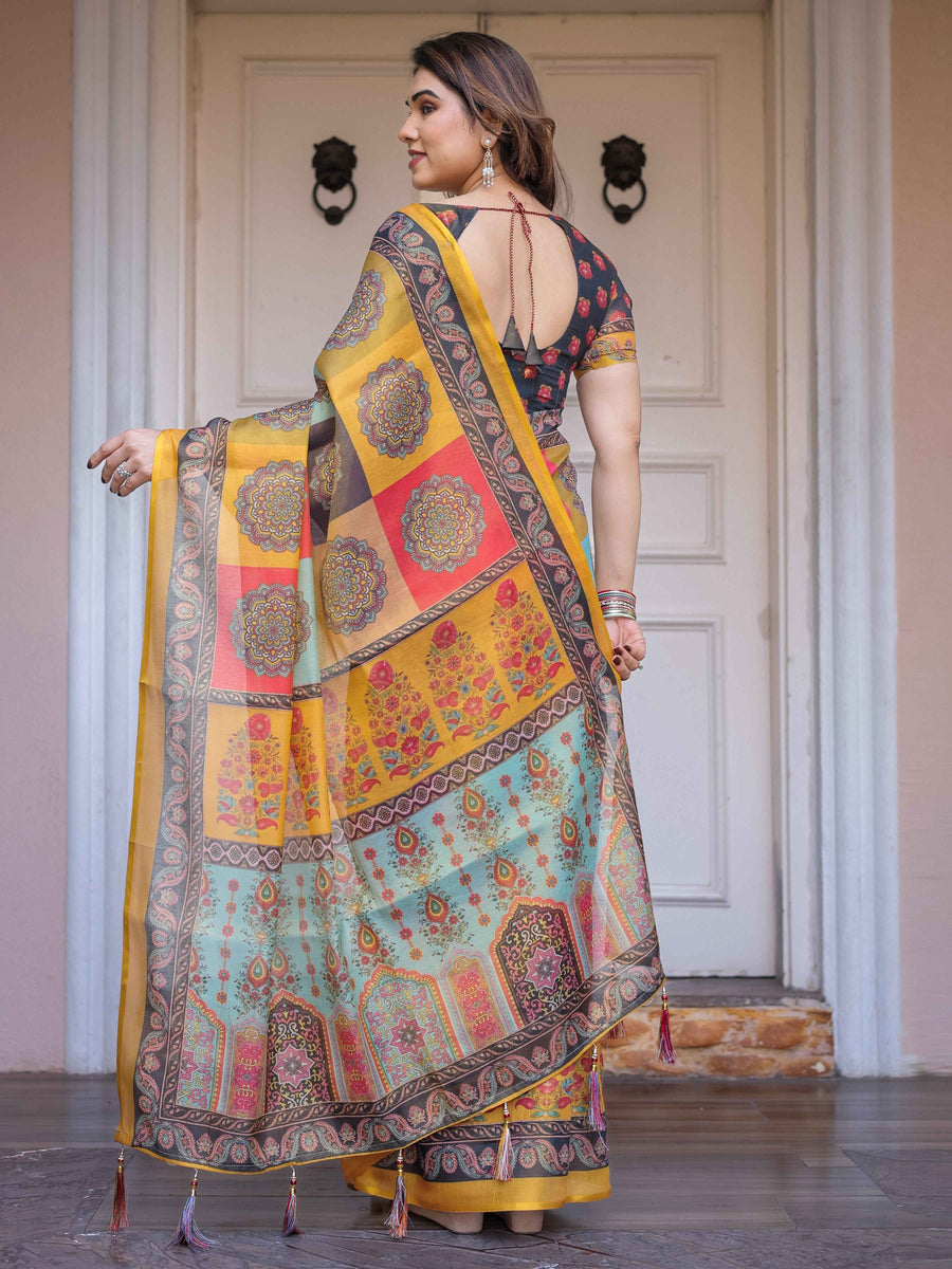 Mustard Yellow Multicolor Panel Printed Handloom Cotton Saree with Mandala Pallu, Ornamental Border & Tassels – Traditional Festive Wear