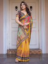 Mustard Yellow Multicolor Panel Printed Handloom Cotton Saree with Mandala Pallu, Ornamental Border & Tassels – Traditional Festive Wear