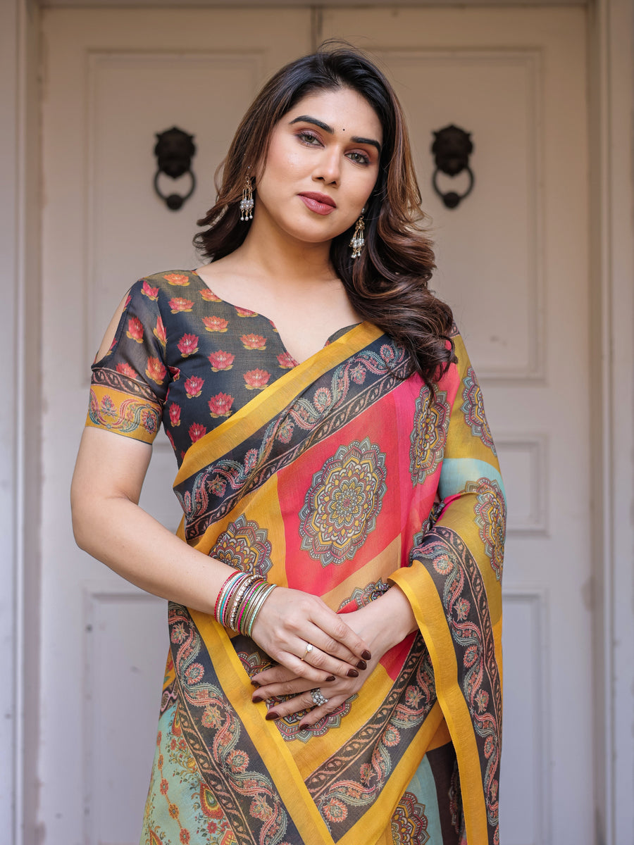 Mustard Yellow Multicolor Panel Printed Handloom Cotton Saree with Mandala Pallu, Ornamental Border & Tassels – Traditional Festive Wear