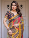 Mustard Yellow Multicolor Panel Printed Handloom Cotton Saree with Mandala Pallu, Ornamental Border & Tassels – Traditional Festive Wear