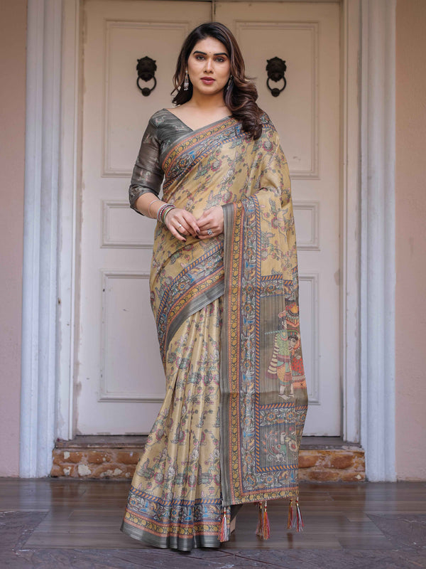 Beige & Olive Green Floral Printed Handloom Cotton Saree with Heritage Panel Pallu, Ornamental Border & Tassels – Ethnic Wear