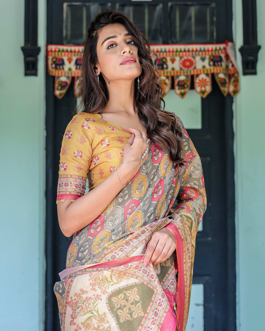 Multicolor Buti & Floral Panel Handloom Cotton Saree with Pink-Green Pallu Art