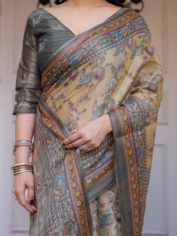 Beige & Olive Green Floral Printed Handloom Cotton Saree with Heritage Panel Pallu, Ornamental Border & Tassels – Ethnic Wear