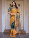 Mustard Yellow & Teal Green Floral Panel Printed Handloom Cotton Saree with Heritage Border & Tassels – Festive Traditional Wear