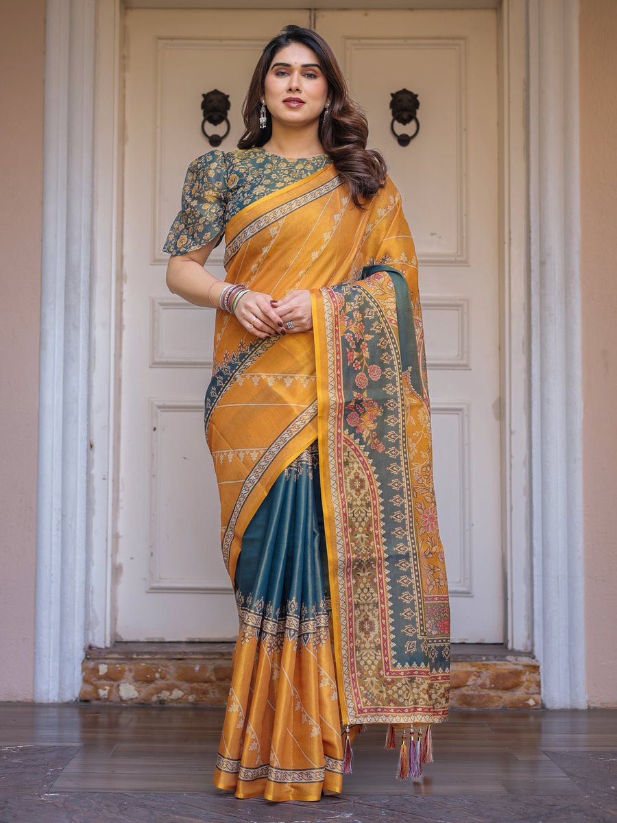 Mustard Yellow & Teal Green Floral Panel Printed Handloom Cotton Saree with Heritage Border & Tassels – Festive Traditional Wear