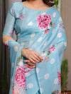 Sky Blue Satin Georgette Polka Dot & Floral Printed Saree with Attached Blouse – Chic Rose Bloom Designer Drape