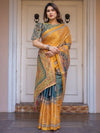 Mustard Yellow & Teal Green Floral Panel Printed Handloom Cotton Saree with Heritage Border & Tassels – Festive Traditional Wear