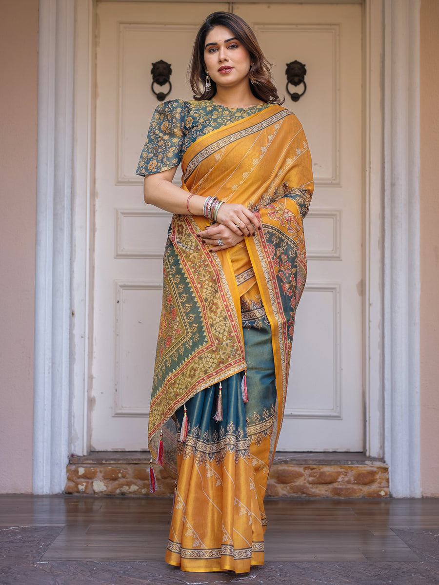 Mustard Yellow & Teal Green Floral Panel Printed Handloom Cotton Saree with Heritage Border & Tassels – Festive Traditional Wear