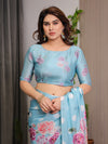 Sky Blue Satin Georgette Polka Dot & Floral Printed Saree with Attached Blouse – Chic Rose Bloom Designer Drape