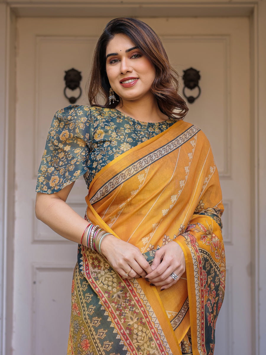 Mustard Yellow & Teal Green Floral Panel Printed Handloom Cotton Saree with Heritage Border & Tassels – Festive Traditional Wear