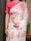 Ivory White Satin Georgette Floral Printed Saree with Pink Blouse – Soft Blossom Designer Drape