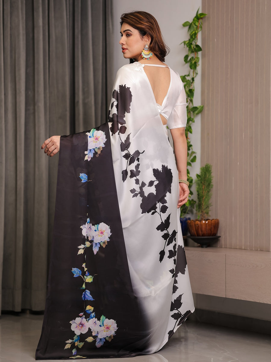 Ivory White & Black Satin Georgette Floral Printed Saree with Attached Blouse – Elegant Contrast Bloom Designer Drape