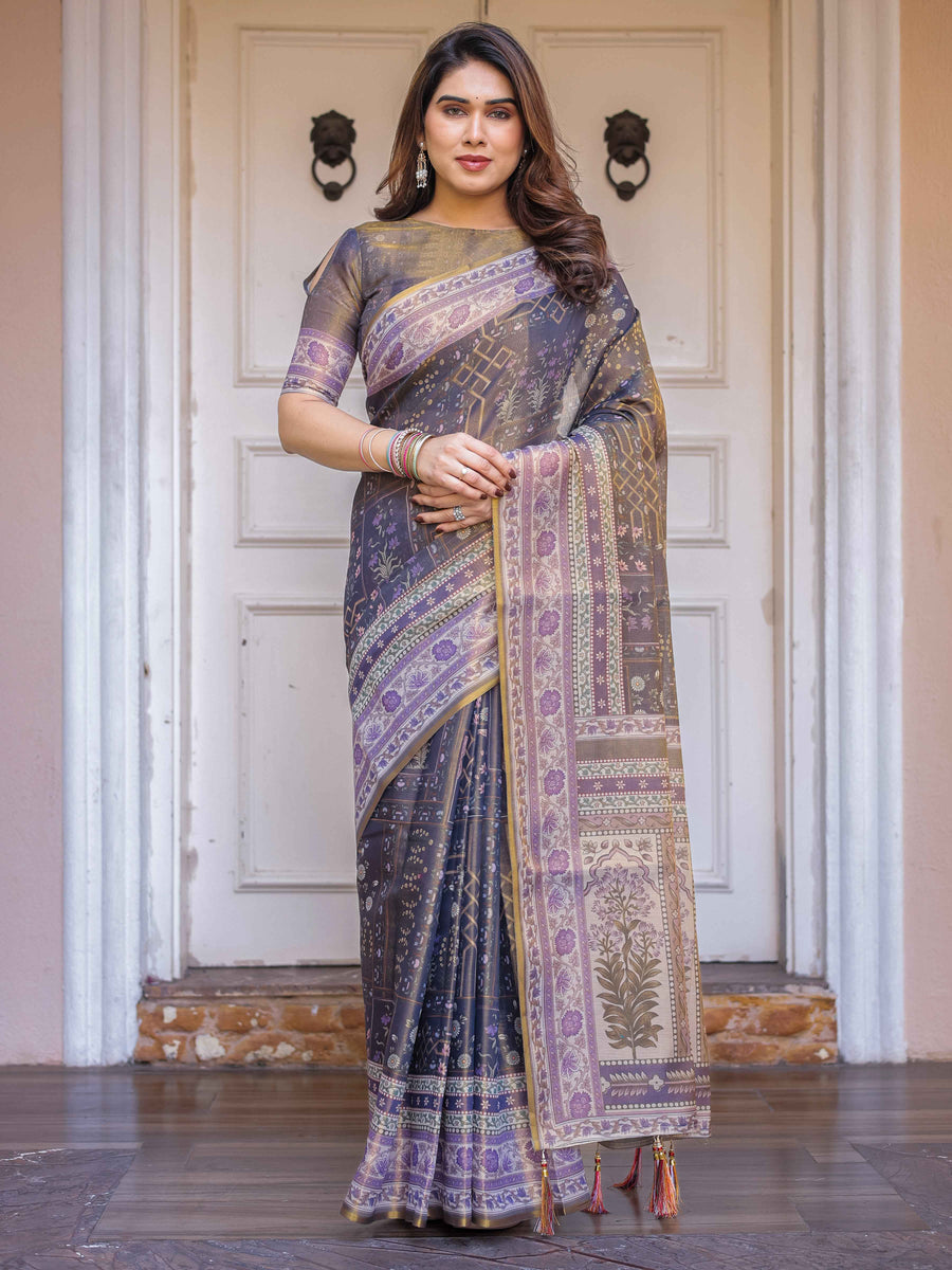 Smoky Grey & Lavender Floral Panel Printed Handloom Cotton Saree with Heritage Border & Tassels – Traditional Wear