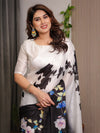 Ivory White & Black Satin Georgette Floral Printed Saree with Attached Blouse – Elegant Contrast Bloom Designer Drape