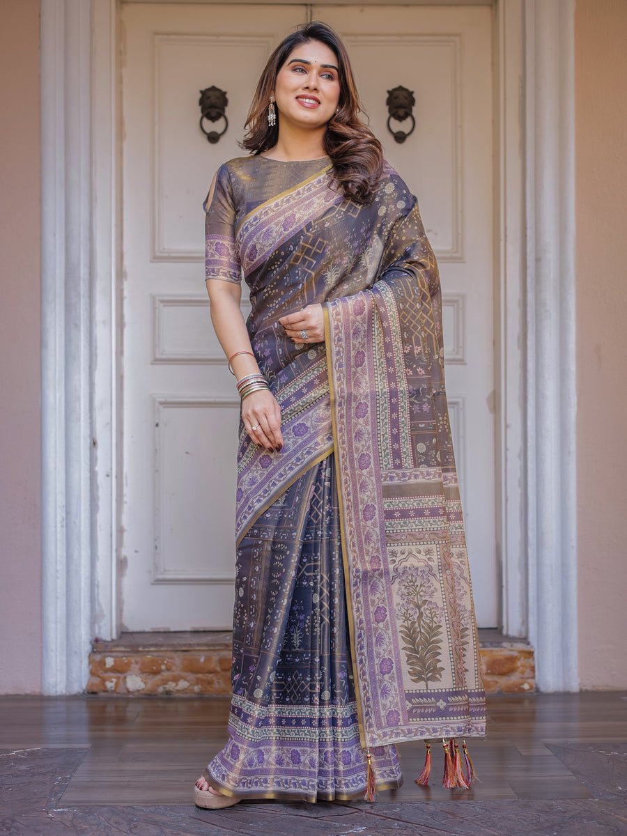 Smoky Grey & Lavender Floral Panel Printed Handloom Cotton Saree with Heritage Border & Tassels – Traditional Wear