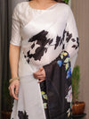 Ivory White & Black Satin Georgette Floral Printed Saree with Attached Blouse – Elegant Contrast Bloom Designer Drape