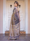 Smoky Grey & Lavender Floral Panel Printed Handloom Cotton Saree with Heritage Border & Tassels – Traditional Wear