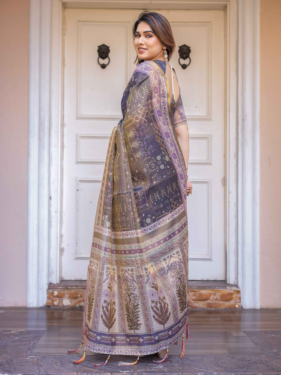 Smoky Grey & Lavender Floral Panel Printed Handloom Cotton Saree with Heritage Border & Tassels – Traditional Wear