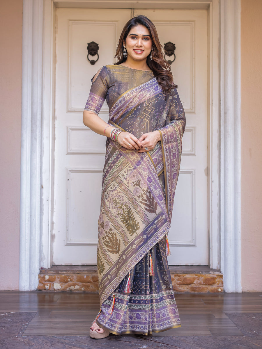 Smoky Grey & Lavender Floral Panel Printed Handloom Cotton Saree with Heritage Border & Tassels – Traditional Wear