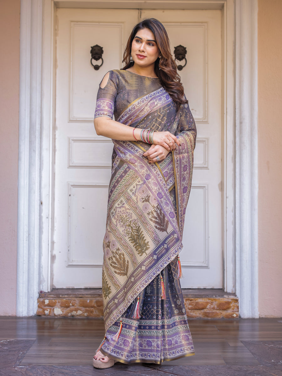 Smoky Grey & Lavender Floral Panel Printed Handloom Cotton Saree with Heritage Border & Tassels – Traditional Wear
