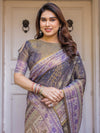 Smoky Grey & Lavender Floral Panel Printed Handloom Cotton Saree with Heritage Border & Tassels – Traditional Wear