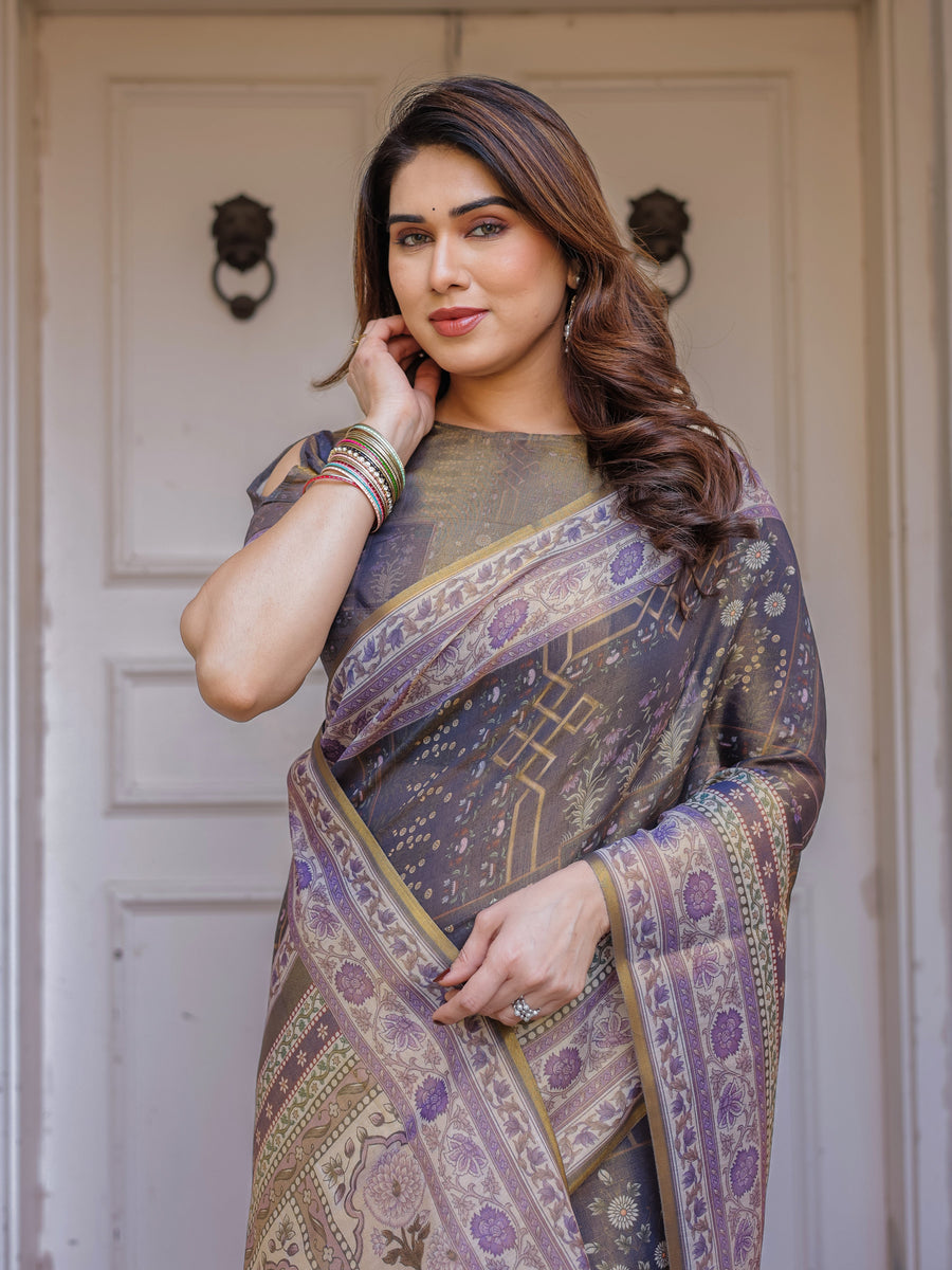 Smoky Grey & Lavender Floral Panel Printed Handloom Cotton Saree with Heritage Border & Tassels – Traditional Wear