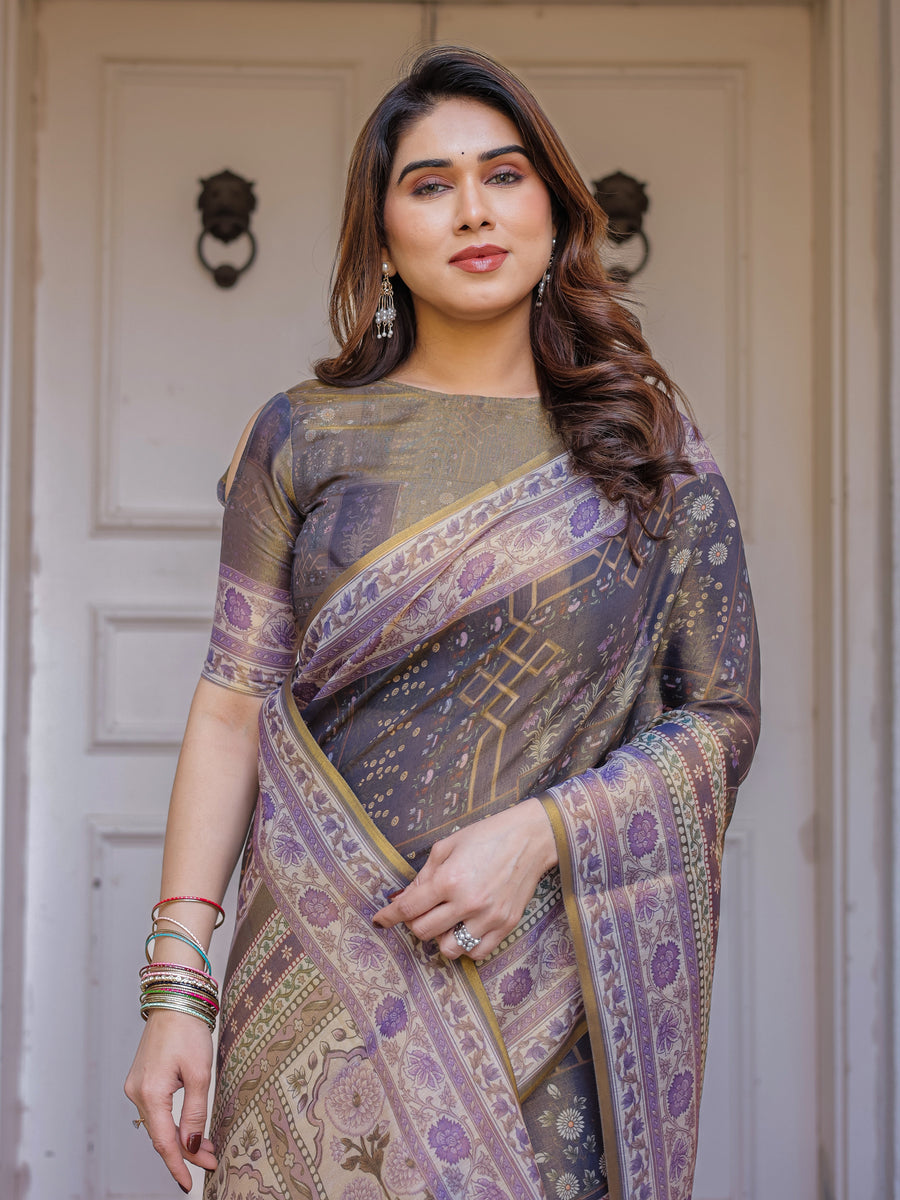 Smoky Grey & Lavender Floral Panel Printed Handloom Cotton Saree with Heritage Border & Tassels – Traditional Wear