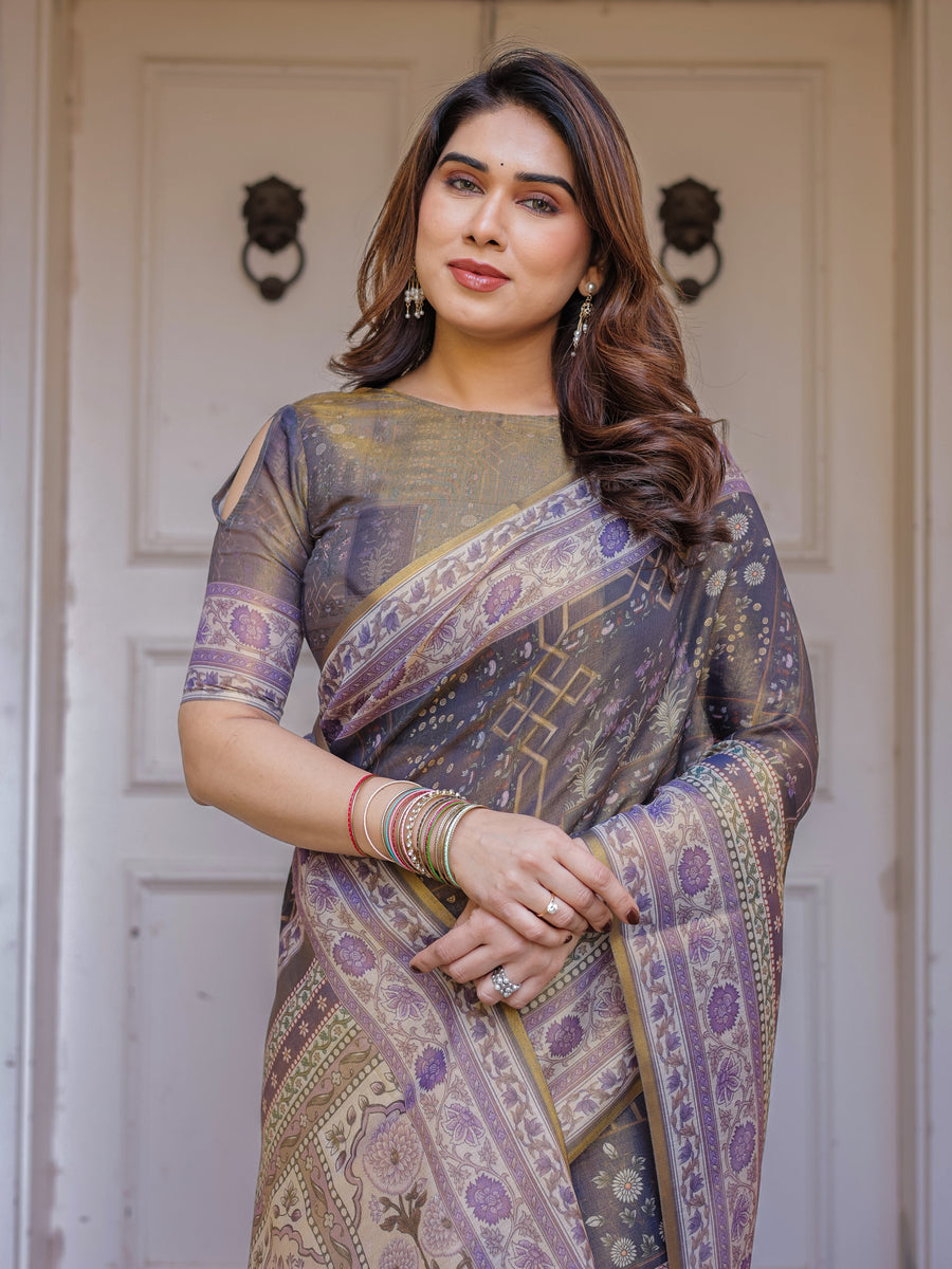 Smoky Grey & Lavender Floral Panel Printed Handloom Cotton Saree with Heritage Border & Tassels – Traditional Wear