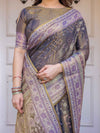 Smoky Grey & Lavender Floral Panel Printed Handloom Cotton Saree with Heritage Border & Tassels – Traditional Wear