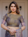 Smoky Grey & Lavender Floral Panel Printed Handloom Cotton Saree with Heritage Border & Tassels – Traditional Wear