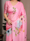 Blush Pink Satin Georgette Floral Printed Saree with Attached Blouse – Soft Pastel Bloom Designer Drape