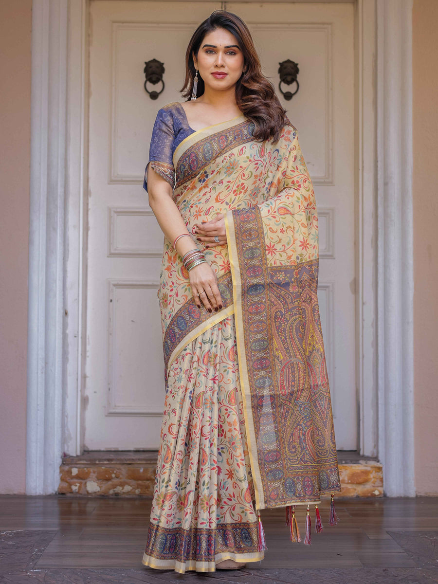 Cream & Navy Blue Floral Paisley Printed Handloom Cotton Saree with Heritage Border & Tassels – Festive Ethnic Wear