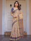 Cream & Navy Blue Floral Paisley Printed Handloom Cotton Saree with Heritage Border & Tassels – Festive Ethnic Wear