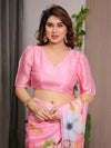 Blush Pink Satin Georgette Floral Printed Saree with Attached Blouse – Soft Pastel Bloom Designer Drape