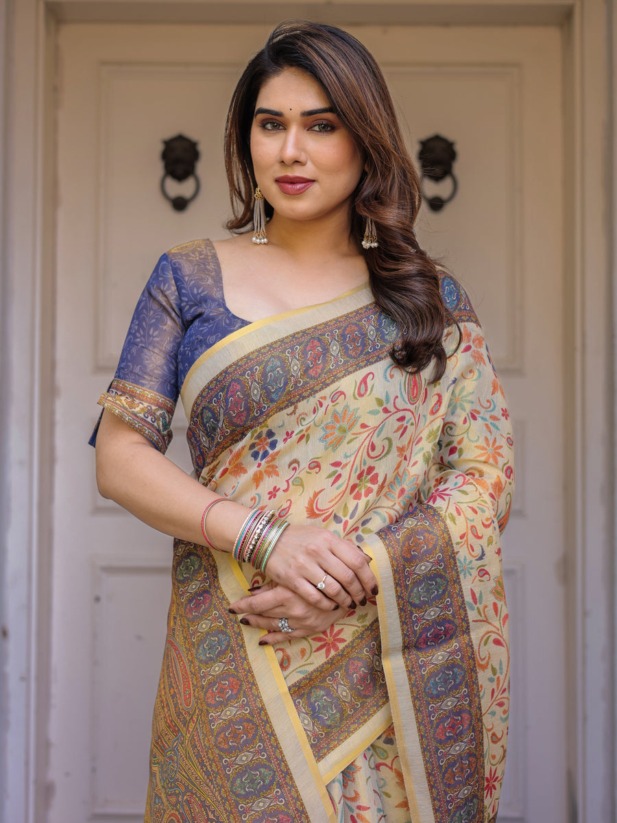 Cream & Navy Blue Floral Paisley Printed Handloom Cotton Saree with Heritage Border & Tassels – Festive Ethnic Wear
