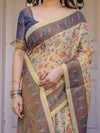 Cream & Navy Blue Floral Paisley Printed Handloom Cotton Saree with Heritage Border & Tassels – Festive Ethnic Wear