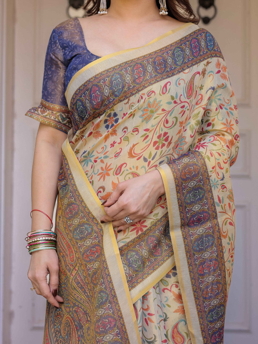 Cream & Navy Blue Floral Paisley Printed Handloom Cotton Saree with Heritage Border & Tassels – Festive Ethnic Wear