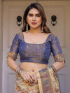 Cream & Navy Blue Floral Paisley Printed Handloom Cotton Saree with Heritage Border & Tassels – Festive Ethnic Wear