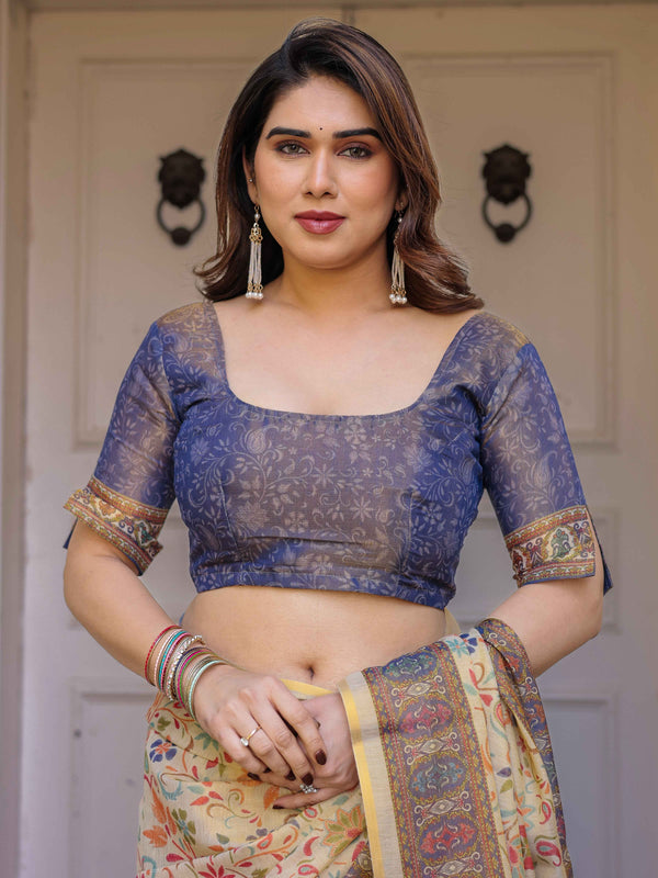 Cream & Navy Blue Floral Paisley Printed Handloom Cotton Saree with Heritage Border & Tassels – Festive Ethnic Wear