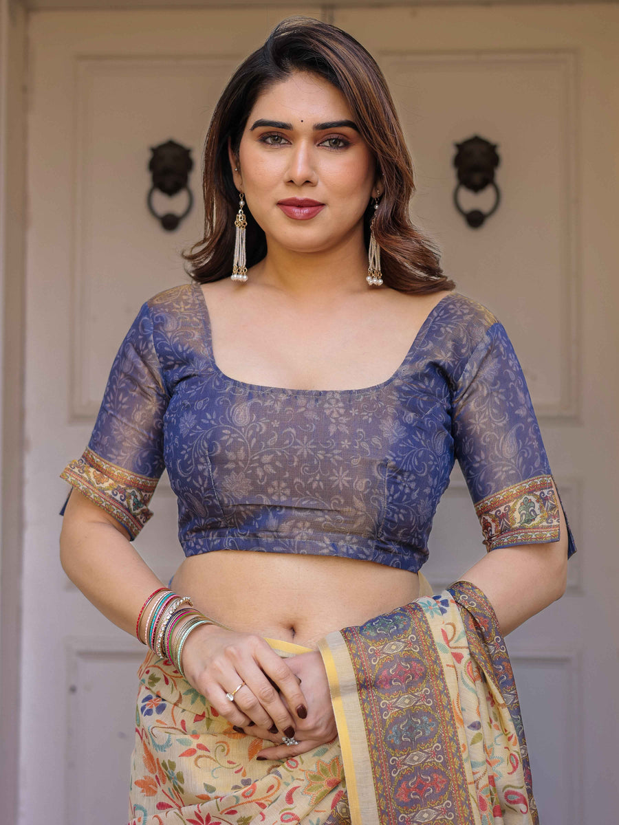 Cream & Navy Blue Floral Paisley Printed Handloom Cotton Saree with Heritage Border & Tassels – Festive Ethnic Wear