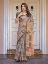 Beige & Olive Green Paisley Panel Printed Handloom Cotton Saree with Heritage Border & Tassels – Traditional Festive Wear