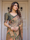 Beige & Olive Green Paisley Panel Printed Handloom Cotton Saree with Heritage Border & Tassels – Traditional Festive Wear
