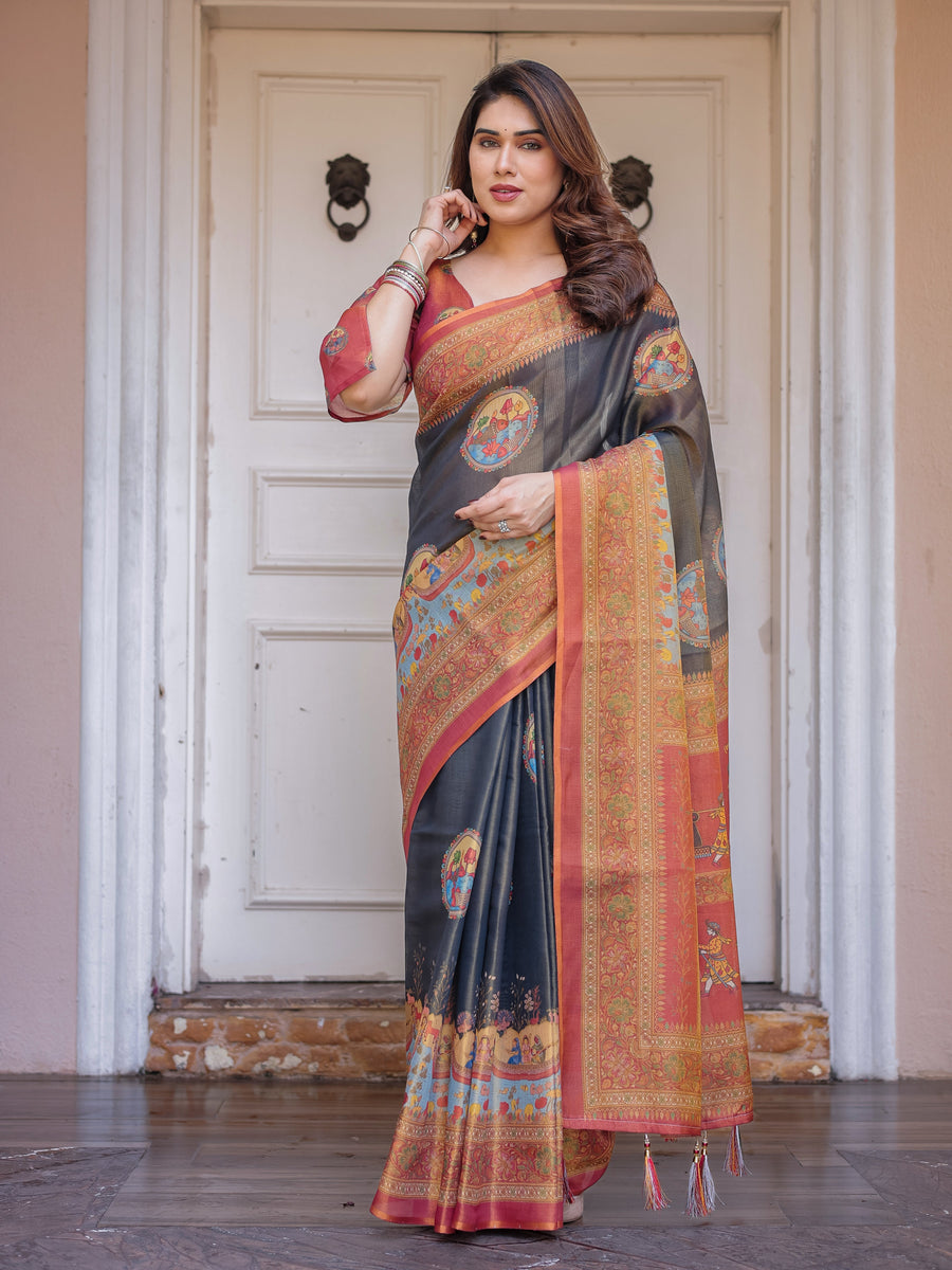 Rust Red & Charcoal Grey Traditional Folk Art Printed Handloom Cotton Saree with Heritage Border & Tassels – Cultural Festive Wear